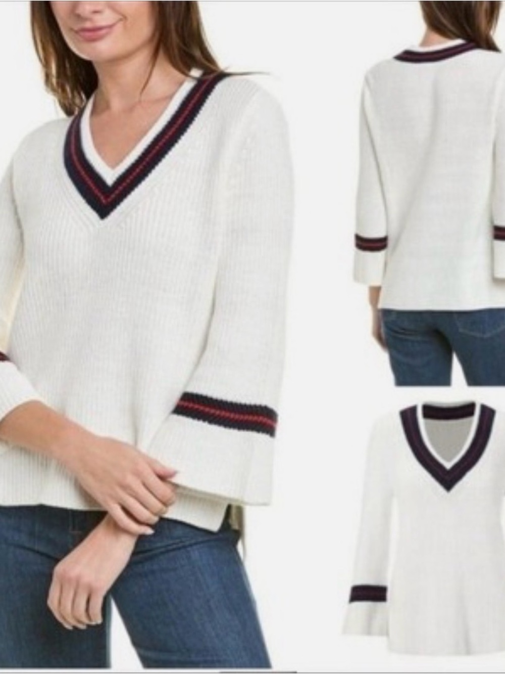 CAbi White V-Neck Sweater with Navy and Red Stripe Trim